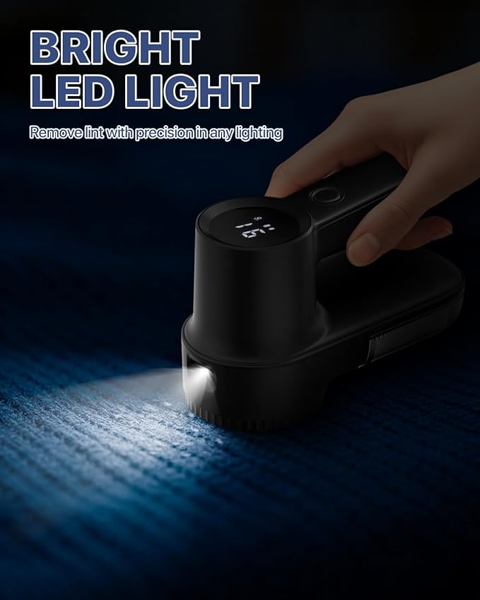 Rechargeable Fabric Shaver Lint Remover : 3-Speeds Sweater Shaver with LED Display & LED Light, Electric Lint Shaver for Clothing & Furniture, 3 Extra Blades, Type-C Fast Charging Port - Black