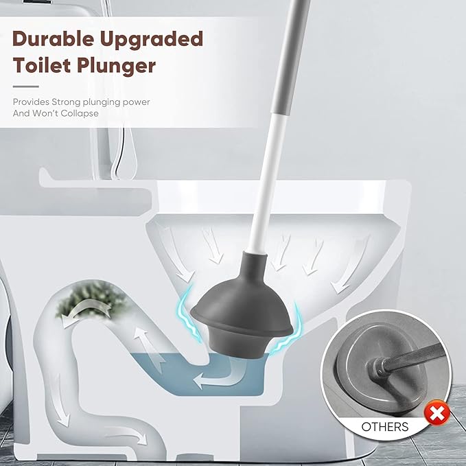 Eyliden Toilet Plunger and Brush Set | 2-in-1 Bathroom Cleaning Tools with Holder | Unclogs Toilets, Deep Cleans Bowls | Compact Caddy Stand | Nylon Bristles, Durable Plastic, White