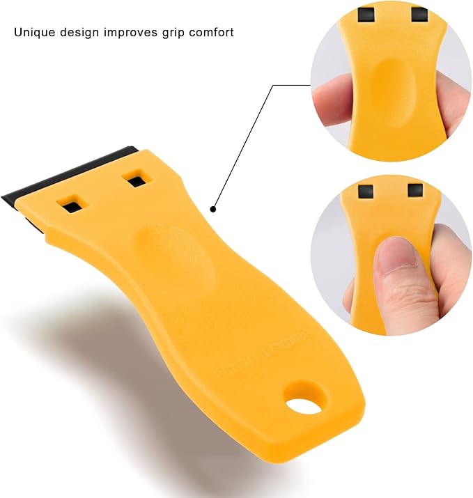 FOSHIO 2PCS Plastic Razor Blade Scraper Tool and 100PCS Plastic Blades for Gasket Remover, Sticker Remover, Labels Decal and Adhesive Remover for Windows and Glass (Yellow)