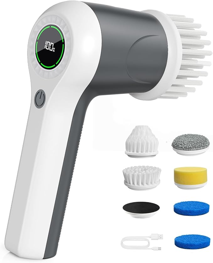 PUFTEM Electric Spin Scrubber, Cordless Shower Scrubber with Battery Level Display, 2 Speeds Electric Scrubber for Cleaning with 6 Replaceable Heads, Cleaning Brush for Bathroom/Sink/Window (Gray)