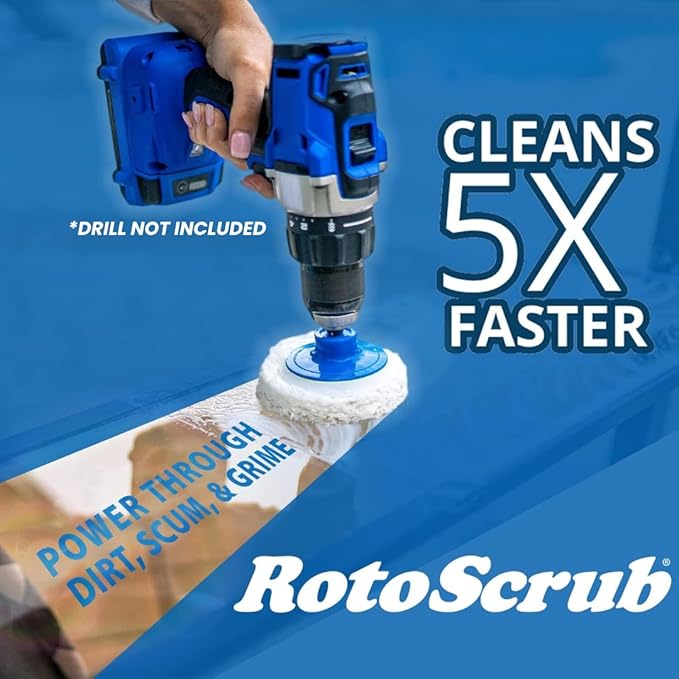 RotoScrub 7 Pack Multi-Purpose Drill Brush Kit for Cleaning Bathrooms, Showers, Tubs, Tile, Floors, Sinks, Toilets, Grout and Grime Removal, Reversible Blue and White Scrub Pads