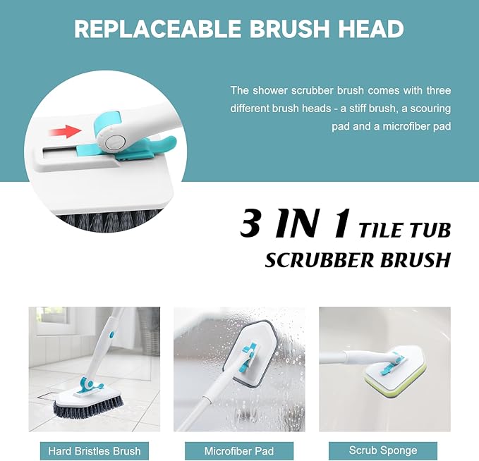 nacena Shower Scrubber with Long Handle, 4 in 1 Tile Tub Scrubber Brush with 3 Detachable Cleaning Shower Heads and Floor Squeegee Shower Cleaner Brush for Bathroom Kitchen Tub Sink Floor, Blue White