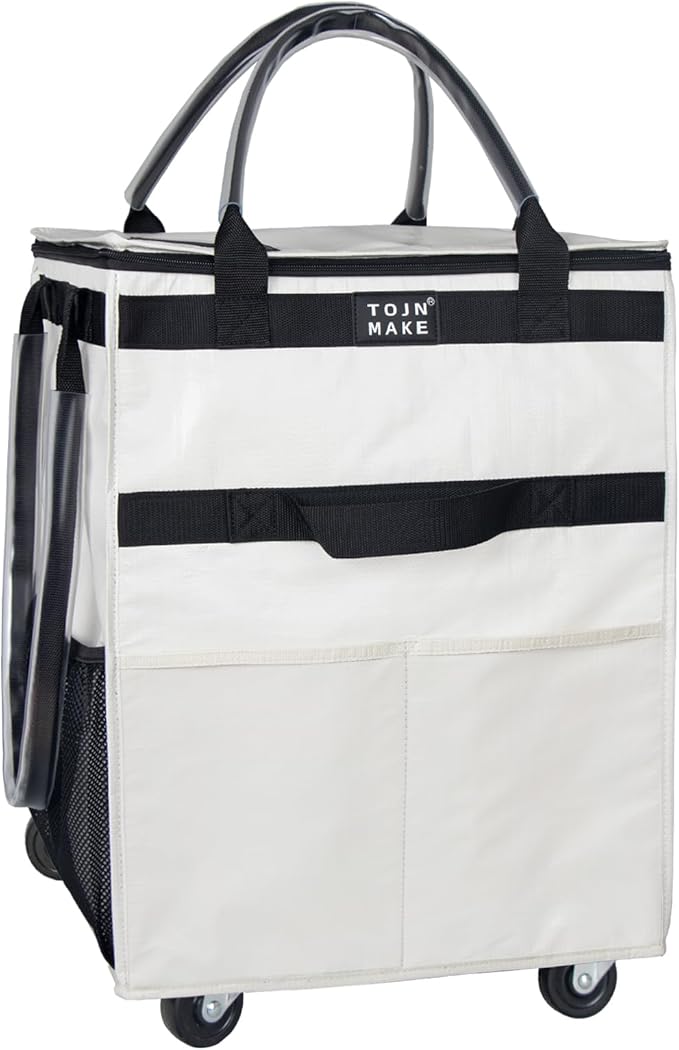 Reusable Grocery Bag with Wheels, Medium Beige Rolling Tote