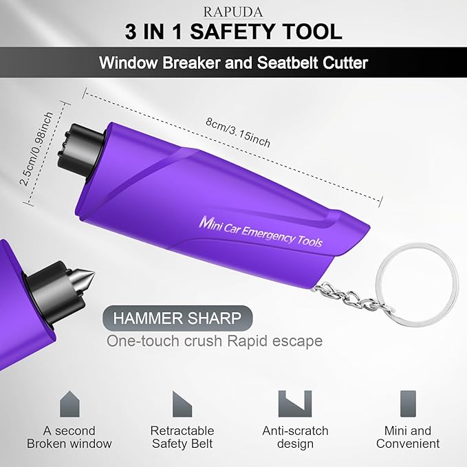 RAPUDA Window Breaker Seatbelt Cutter,3-in-1 Mini Glass Breaker, 3 Pack Car Escape Tool for Land and Underwater,Keychain Car Emergency Tool（Pink/Purple/Sky Blue）