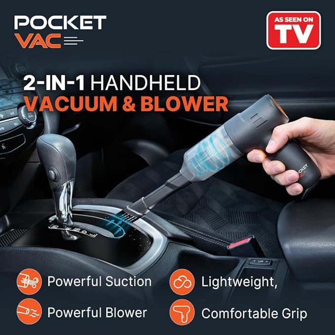 Pocket Vac 2-in-1 Cordless Handheld Vacuum and Blower – Rechargeable, Compact, Portable Mini Vacuum Cleaner for Car, Home, Kitchen, Pet Hair and Crumbs – with Reusable HEPA Filter – Great Gift Idea