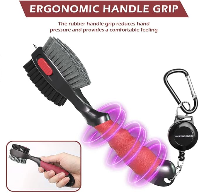 THIODOON 2 Pack Golf Club Brushes and Groove Cleaner 2 ft Retractable Zipline Carabiner Golf Brush Head with Retractable Spike Comfortable Grip Golf Club Cleaner