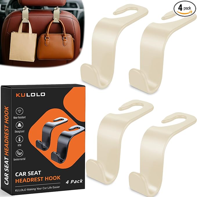4-Pack Car Seat Hooks - 55 lb Each, Fits 0.32-0.55 in Headrest Rods