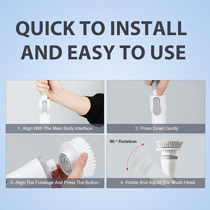 Electric Spin Scrubber - Cordless Cleaning Head with 6 Replaceable Brushes - 90° Rotatable - Ideal for Floor, Window, Cars - Ivory White
