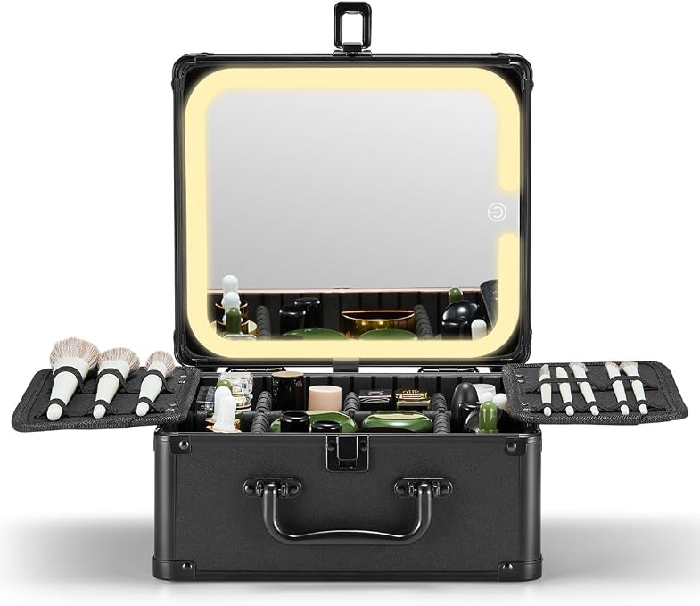 Qislee Makeup Box with Detachable Magnetic LED Mirror, Travel Train Case