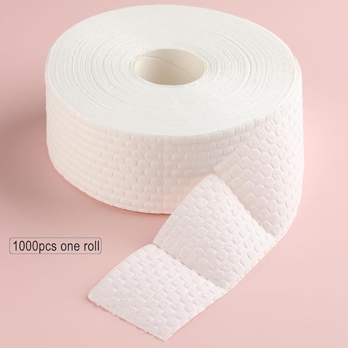 Fcozpjk 1000Pcs/1 Roll Lint Free Nail Wipes, Nail Polish Remover Pads, White Cotton Pads Wipes for Gel Nails, Dust Cleaning Degreasing Nail Napkins Cotton Swabs, Manicure Salon Supplies
