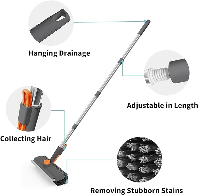 Floor Scrub Brush with Long Handle, 3 in 1 Scrape and Heavy-Duty Stiff Bristle Scrubber Brush for Cleaning Shower Bathroom, Patio, Pool, Garage, Kitchen, Wall and Deck (Gray, 1 Pack)
