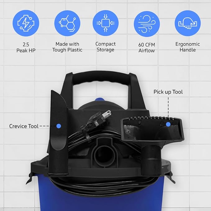Koblenz Wet Dry Vacuum Cleaner, 2.5 Gallon 2.5 PHP, 60 CFM, 10 ft Reach, TWIST-N-LOCK Hose, Wall Mount, Small Shop Vac, Portable Shop Vac for Home Car Garage, Accessories Included, Blue/Black, WD-2.5L