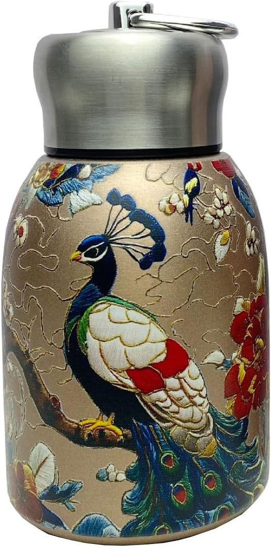 Mini Stainless Steel Thermal Bottle Small Vacuum Insulated Water Bottle, Portable Leakproof Sport Tumbler Cup Hot and Cold Travel Mug 10 oz (GoldPeacock)