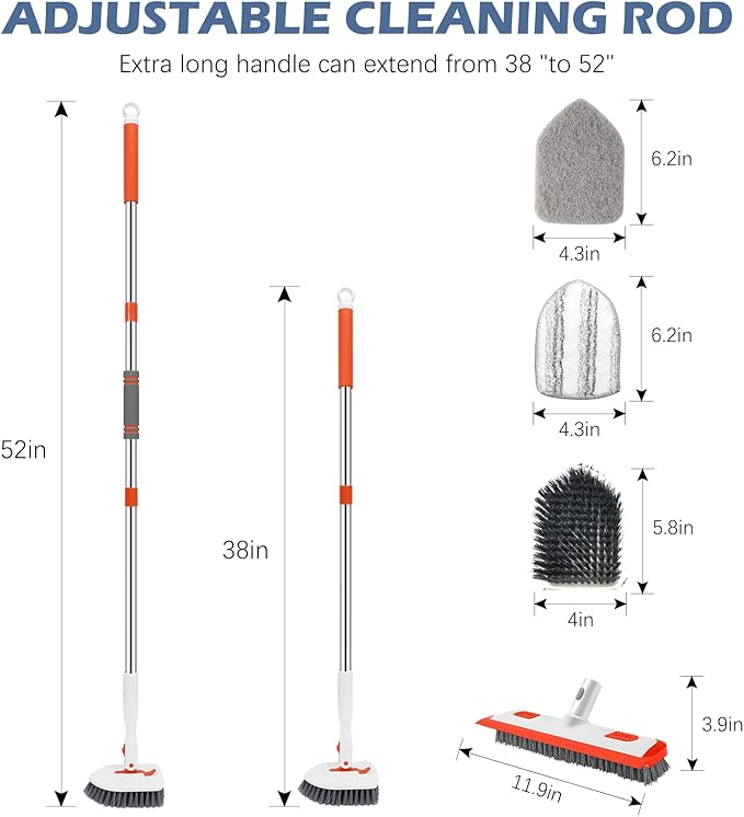 SetSail 4-in-1 Tile Tub Floor Scrubber with 52-inch Adjustable Long Handle Shower Cleaner Brush Comes with Floor Scrub Brush and 3 Replacement Brush Heads for Cleaning Bathroom Tub Tile, Orange