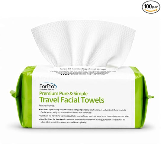 ForPro Travel Size Disposable Face Towels, 8"x8" Compact Dry Wipes, Ultra Soft Lint-Free Viscose Makeup Remover Pads for Sensitive Skin, Biodegradable, Vegan, 100-Count