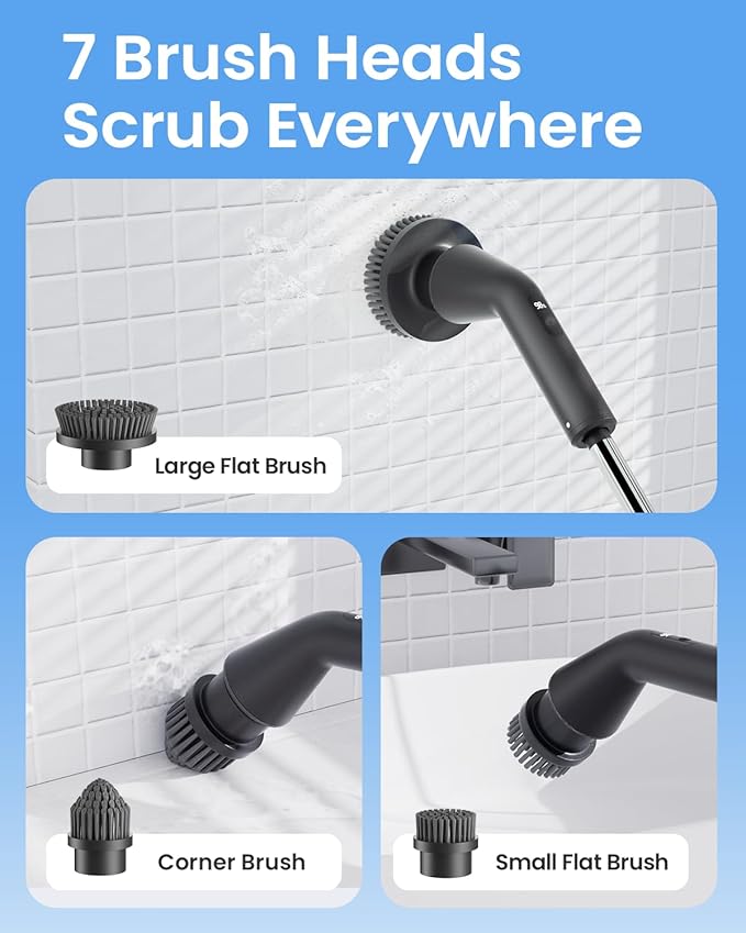 Leebein Electric Spin Scrubber, Cordless Bathroom Cleaning Brush with 7 Brush Heads, IPX7 Waterproof, 2 Speed Settings, Extendable Handle
