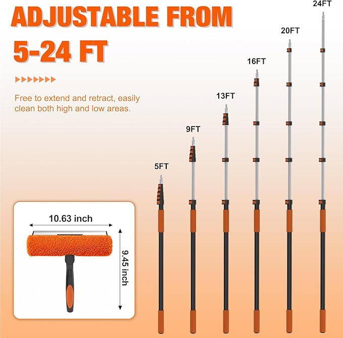 LAANPOLE 30FT Window Squeegee with Extension Pole, 2-in-1 Squeegee for Window Cleaning, Professional Cleaning Kit for Home with 24FT Telescoping Pole for Outdoor Indoor Use