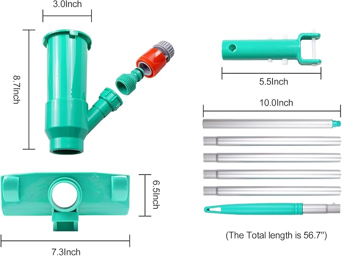 POOLWHALE Upgrades Pool Spa Pond Mini Jet Vac Vacuum Cleaner w/Brush, Bag,6 Sections Telescopic Pole of 56.5" and Handle