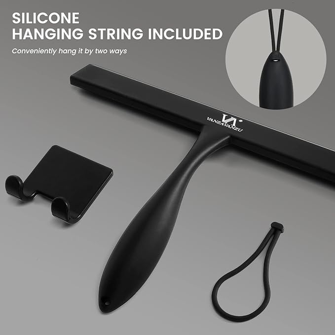 Shower Squeegee for Glass Doors, 11-Inch Silicone Squeegee with Non-Slip Handle and Adhesive Hook for Bathroom, Mirror, Tile, Car Window (Black)