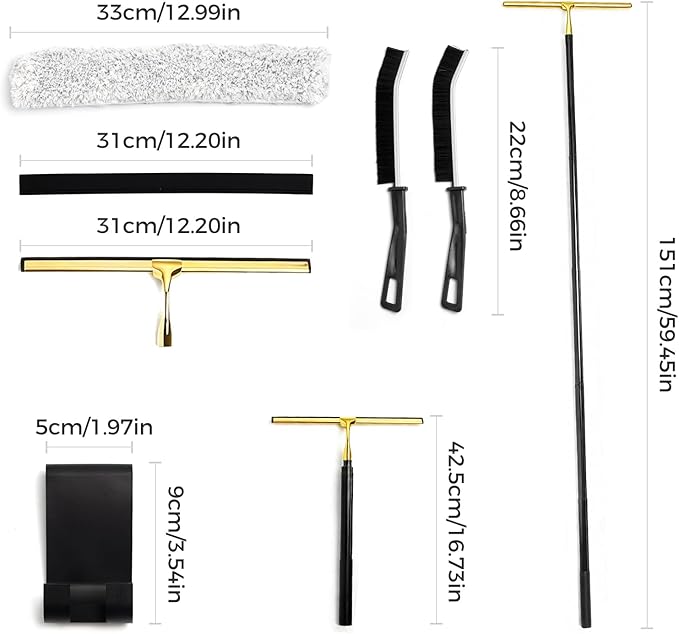 16.7“- 59.5" Long Handle Window Squeegee with Extension Pole, 12.4" Wide Metal Shower Squeegee for Glass Doors, 2-in-1 Squeegee for Home Window Cleaning, Tile Wall, Car (Gold)