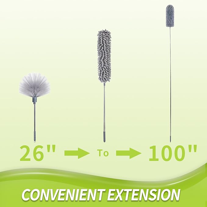 IVYROLL Cobweb Duster with Extension Pole, 100'' Microfiber & Chenille Ceiling Cleaner Kit, Reusable Feather Duster, Bendable, Washable