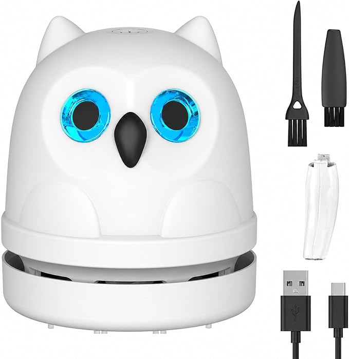 Mini Desktop Vacuum Cleaner Owl Desk Vacuum Cleaner Cute Desk Vacuum Sweeper for Cleaning Eraser Waste, Crumbs, Hair, Paper Scraps on Computer Piano Keyboard Countertop Car