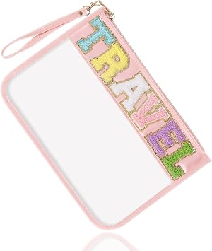 Chenille Letter Clear Travel Bags Purse with Wristlet, Monogram PVC & PU Clear Zipper Pouch, Waterproof Portable Glitter
