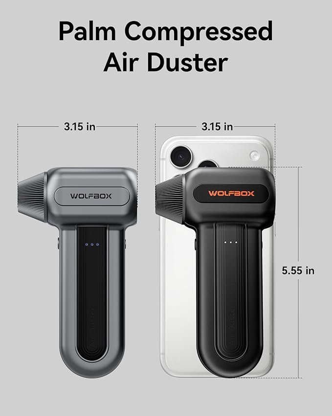 WOLFBOX MF60&MF70 Compressed Air Duster-110000RPM Super Power Electric Air Duster, 3-Speed Adjustable Rechargeable Cordless Air Blower with Fast Charging for PC Keyboard Cleaning, Car, Home (Gray)