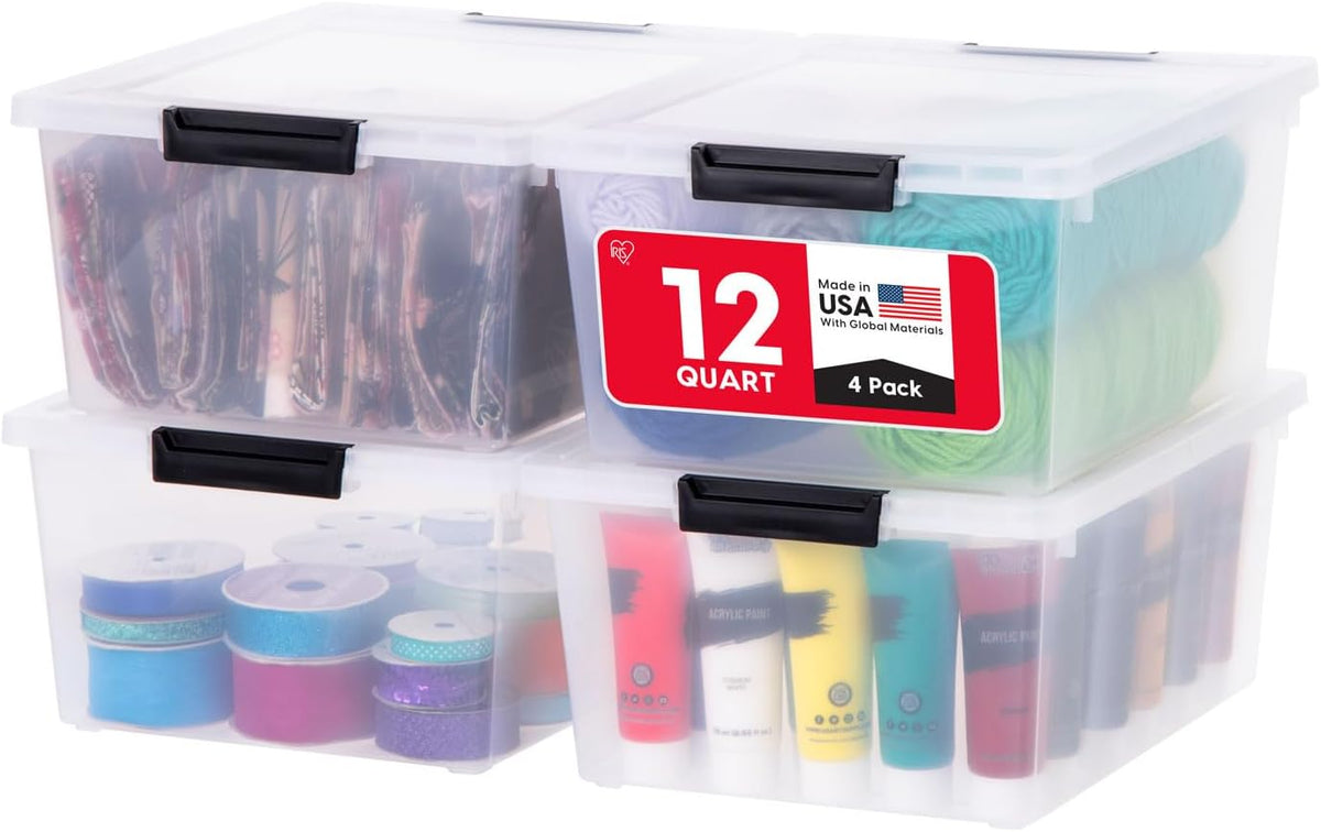 12 Qt - (4-Pack) Storage Bins with Lids, Plastic Box, Clear/Black