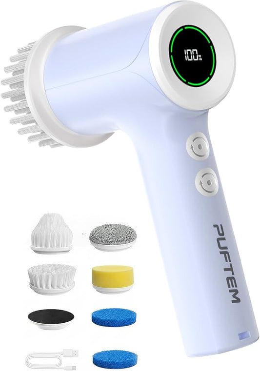 PUFTEM Electric Spin Scrubber for Bathroom Cleaning, Cordless Shower Scrubber with 6 Brush Heads & Dual-Direction Rotation, Handheld Cleaning Brush for Grout, Tile, Tub, Sink & Corners(Purple)