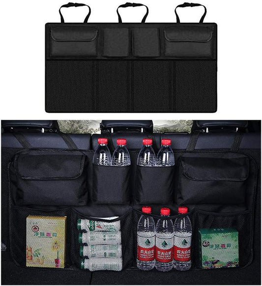 Back seat Trunk Organizer,Car Cargo Trunk Storage, Auto Hanging Backseat Car Storage Bag Pouch with 8 Large Capacity Pockets and Adjustable Strap& Buckles Durable,Foldable Cargo Storage.