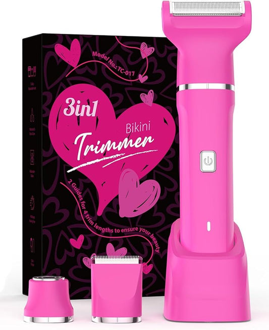 Bikini Trimmer for Women - IPX7 Waterproof Pubic Hair Remover for Shower & Travel, 3-in-1 Bikini Trimmer with Body/Round/Curved Heads, Hypoallergenic Foil & Ceramic Blades, Self-Care Gifts for Women
