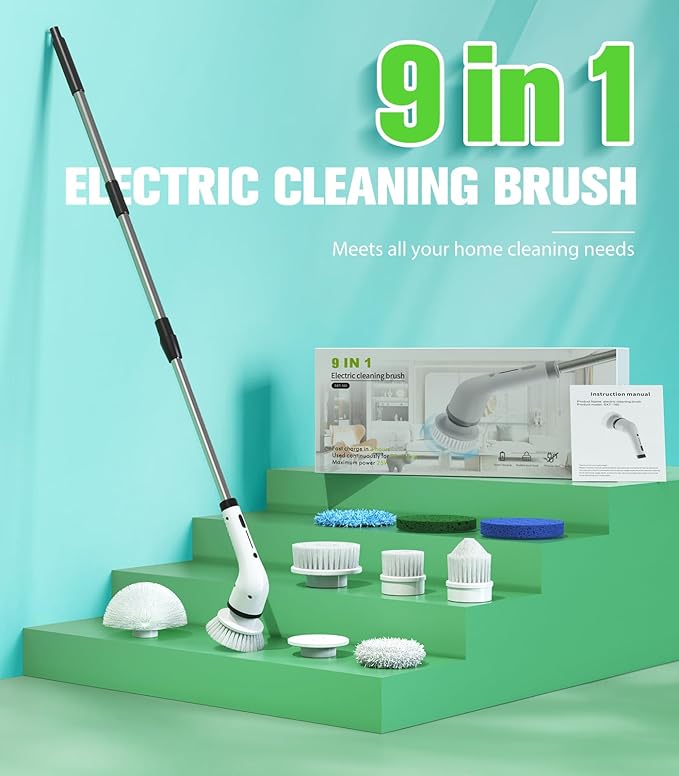 Electric Spin Scrubber for Cleaning,Cordless Waterproof Bathroom Shower Brushes with 9 Heads,1.5H Power Dual Speed Cleaner with Extendable Handles for Bathtub Floor Kitchen Wall