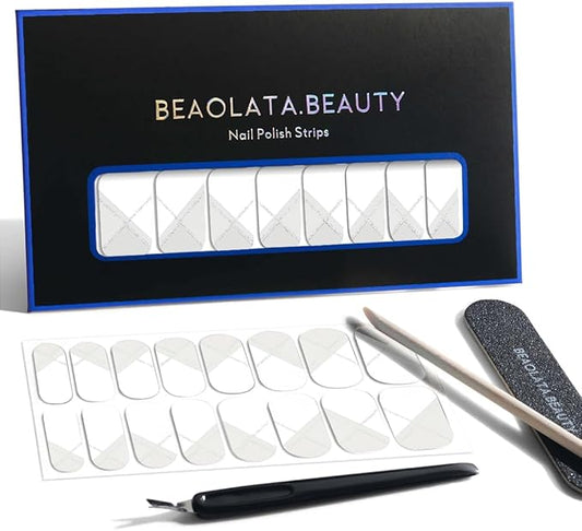 Nail Polish Strips, 32PCS Salon Quality Wraps, Long Lasting Gel Nail Stickers for Women Easy Apply& Remove (Pure Line White)
