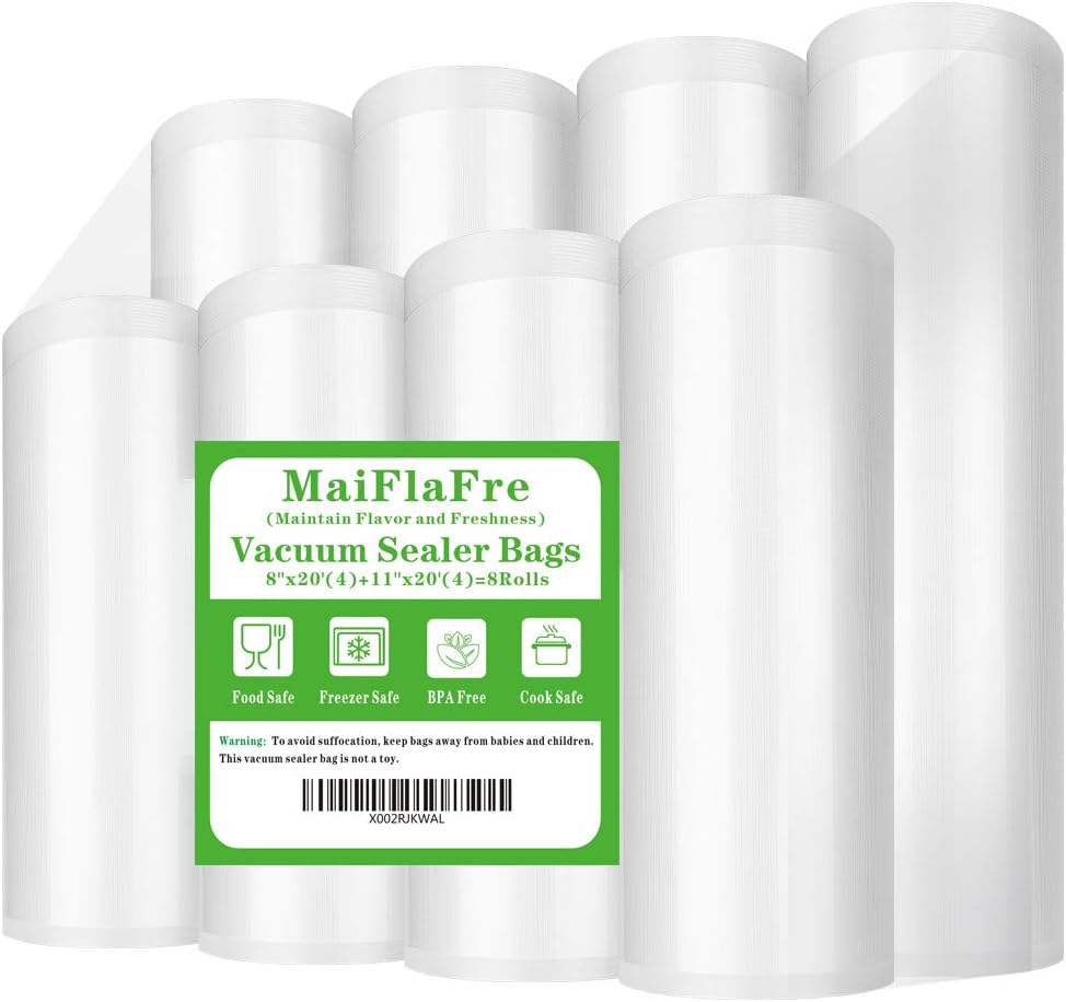 8RL Vacuum Sealer Bags Rolls 8"x20'(4)+11"x20'(4)for Food Storage