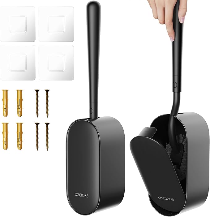Toilet Bowl Brush and Holder, OSCIOSS Toilet Brush Set with Ergonomic Design, Compact Size, Durable Bristles, RV Toilet Brushes & Holders for Dead Corner Clean (Black, 2pack)
