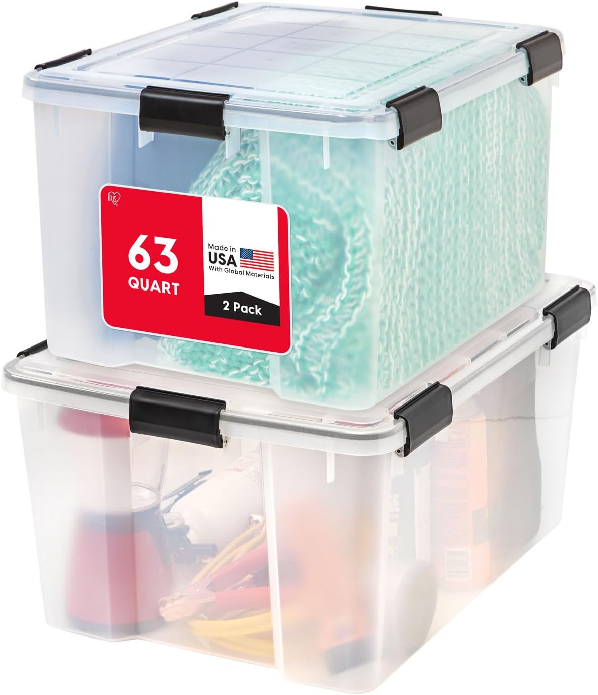 WeatherPro 63 Qt Storage Bins with Lids, 2 Pack, Clear/Black