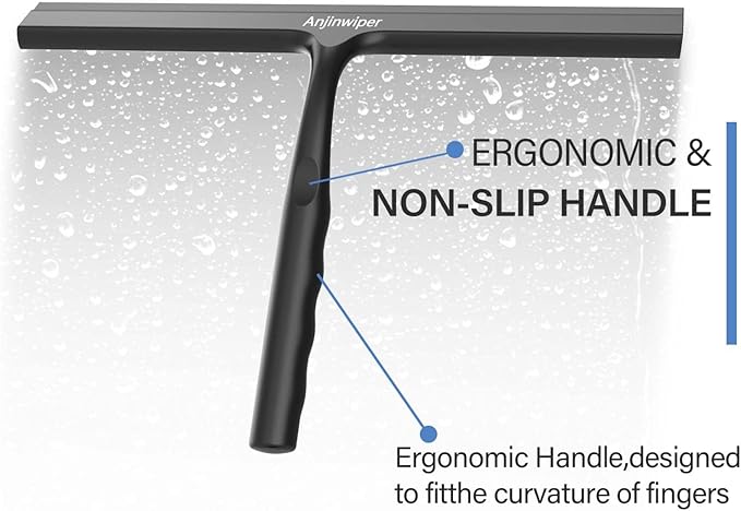 Household Squeegee for Shower Glass Doors, Silicone Shower Squeegee with Adhesive Hook, Bathroom Squeegee for Shower, Window Cleaner Tool for Glass Door, Kitchen, Tile Wall(10 inch-Black)