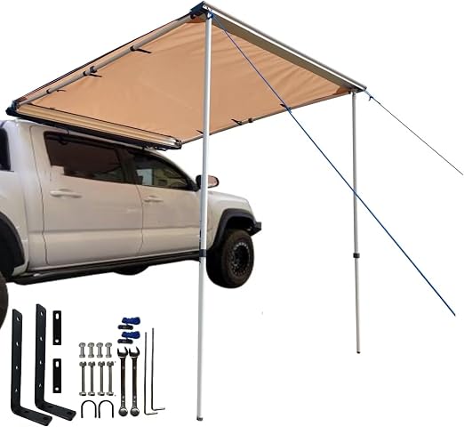 DANCHEL OUTDOOR Vehicle Awning Overland Camping, UPF50+ Roof Rack Car Awning Waterproof Truck Canopy Tarp Shelter, Khaki
