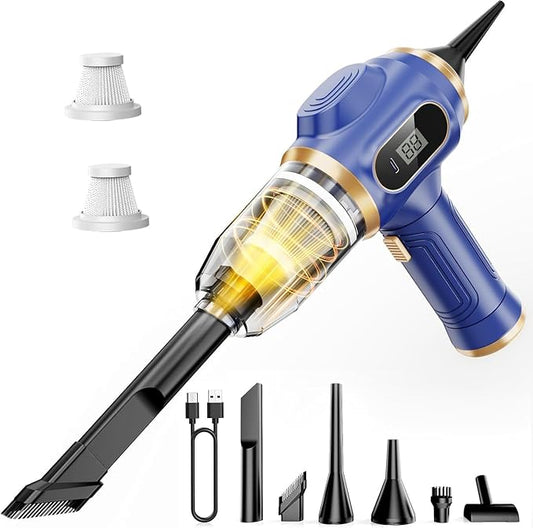 Car Vacuum Portable Cordless 17000Pa Mini Handheld Vacuums Blow and Suction with LCD Display and Multi-Nozzles, High Power for Car, Home, Office, Pet, Compact and Portable Design