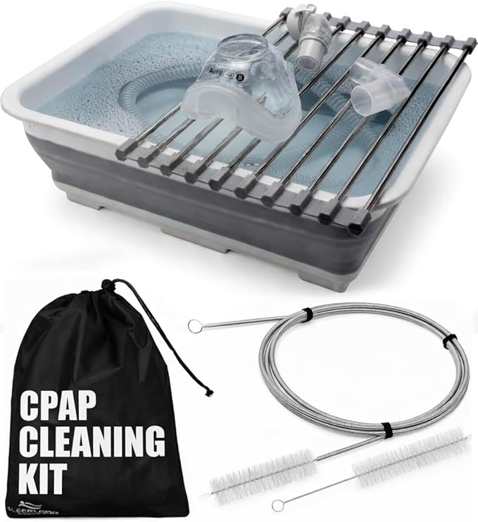 Drying Rack CPAP Cleaning Kit with Collapsible Wash Basin, Cleaning Brush & Drying Rack – CPAP Hose & Mask Cleaner Set – Grey | with Drying Rack
