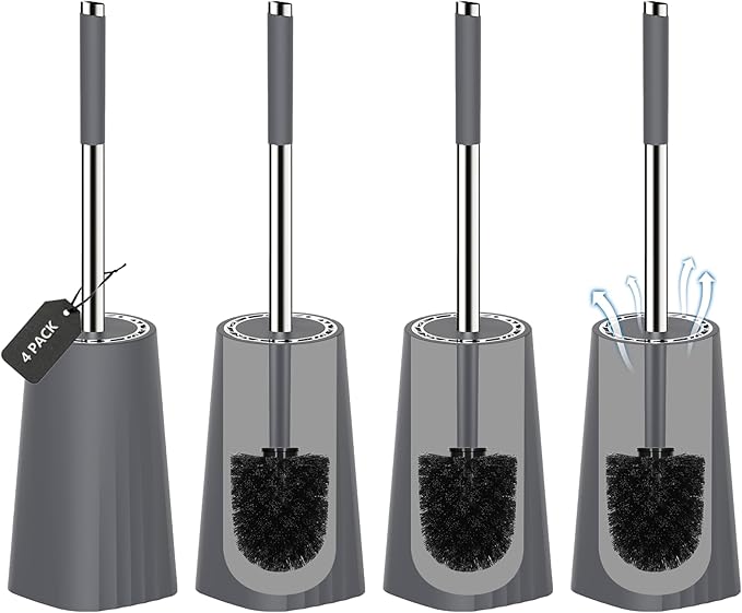 SetSail Toilet Brush, Compact Size Toilet Bowl Brush and Holder Toilet Brushes for Bathroom with Stainless Steel Handle Toilet Cleaner Brush with Durable Scrubbing Bristles, 4 Packs, Gery