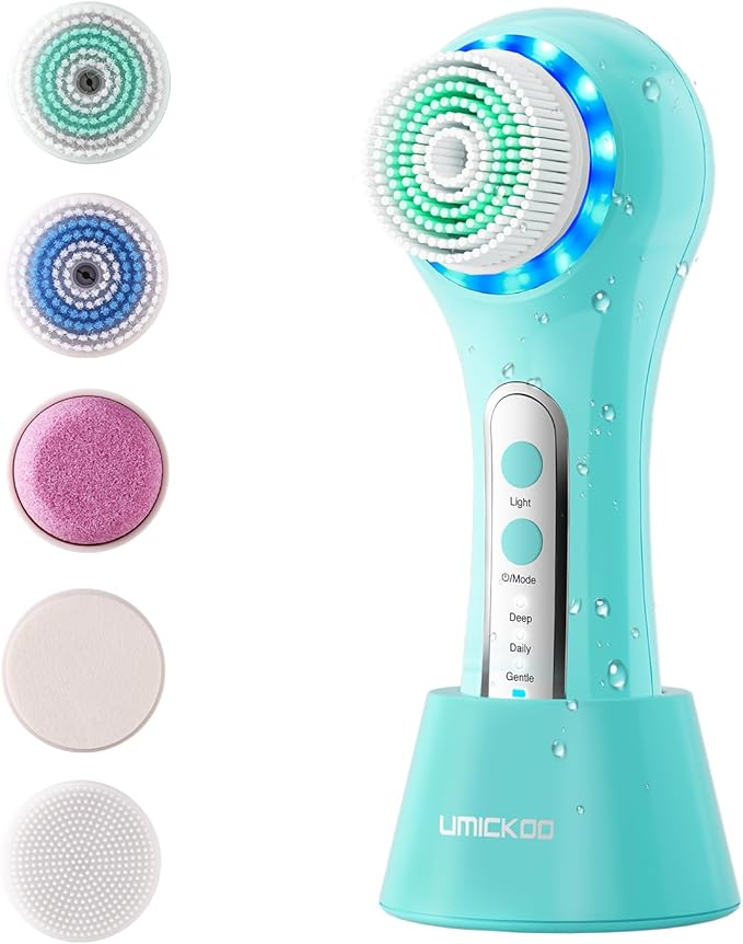 UMICKOO Electric Facial Cleansing Brush, 2-Way Rotating Face Scrubber for Daily & Deep Cleaning, 3 Modes, 5 Brush Heads, Rechargeable, IPX7 Waterproof for All Skin Types