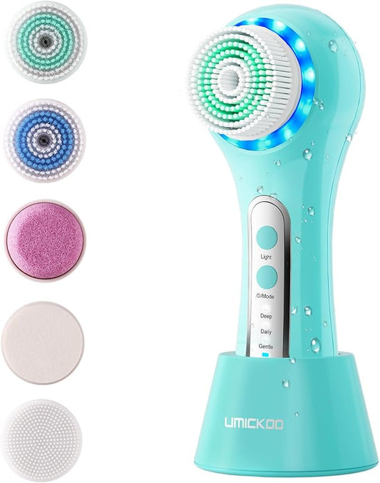 UMICKOO Electric Facial Cleansing Brush, 2-Way Rotating Face Scrubber for Daily & Deep Cleaning, 3 Modes, 5 Brush Heads, Rechargeable, IPX7 Waterproof for All Skin Types