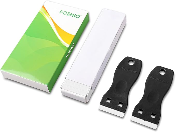 FOSHIO 2PCS Plastic Razor Blade Scraper Tool and 100PCS Plastic Blades for Gasket Remover, Sticker Remover, Labels Decal and Adhesive Remover for Windows and Glass (Dark Black)