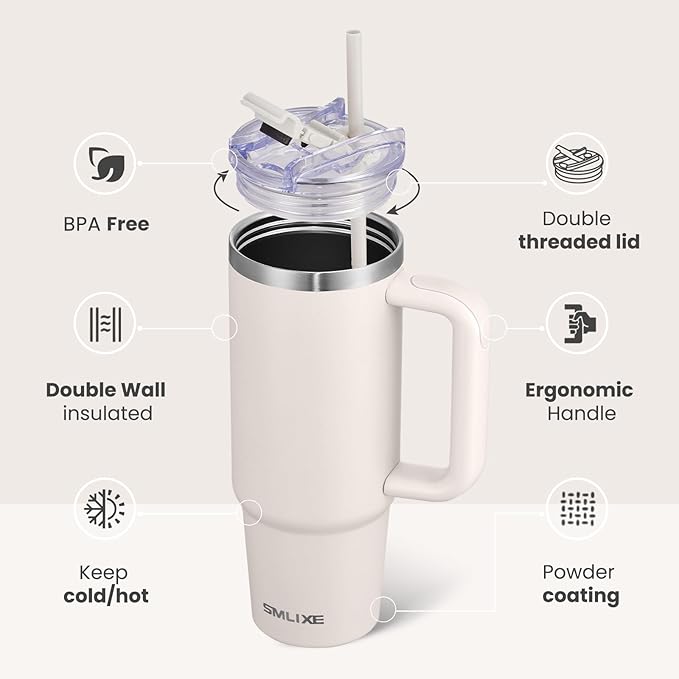 30 oz Tumbler with Handle, Tumbler with Lid and Straw, Double Wall Vacuum Insulated Travel Mug Stainless Steel Tumbler for Hot and Cold, Cupholder Friendly (Almond Birch)
