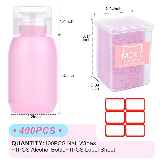 MEKK Lint Free Nail Wipes with Acetone Dispenser Set 400PCS Cat-Shaped Lint Free Wipes with 200ml Anti-Corrosion Empty Push Down Pump Dispenser Bottle for Acetone,Alcohol,Nail Polish Remover,ect