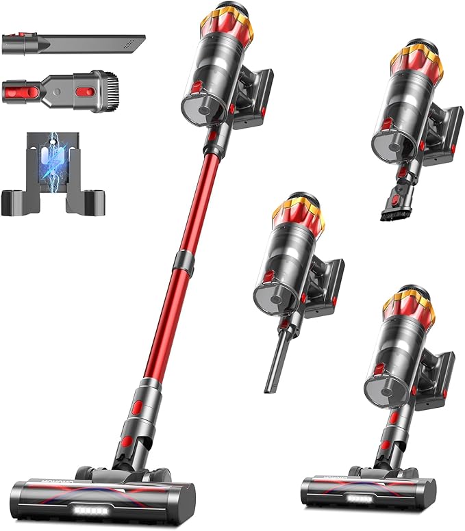 mohomo Cordless Vacuum Cleaner 650W 55KPa Suction, 70Min Runtime Stick Vacuum with Self-Standing, Anti-Tangle Brush, OLED Touch Screen for Hardwood Floor, Carpet, Pet Hair - Red
