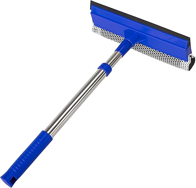 2-in-1 Window Squeegee&Car Squeegee with 15.7"-27.5" Retractable Stainless Steel Handle, Windshield Cleaner Tool for Cars, Trucks, Glass Doors, Shower Glass, Outdoor Windows
