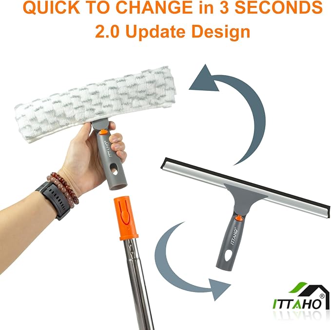 Squeegee for Window Cleaning,12" Squeegee and 11" Microfiber Scrubber Combi with Stainless Steel Pole,Extendable Window Cleaner for Car,Sliding Door,Shower Glass Door-Swivel Style-2 Pads